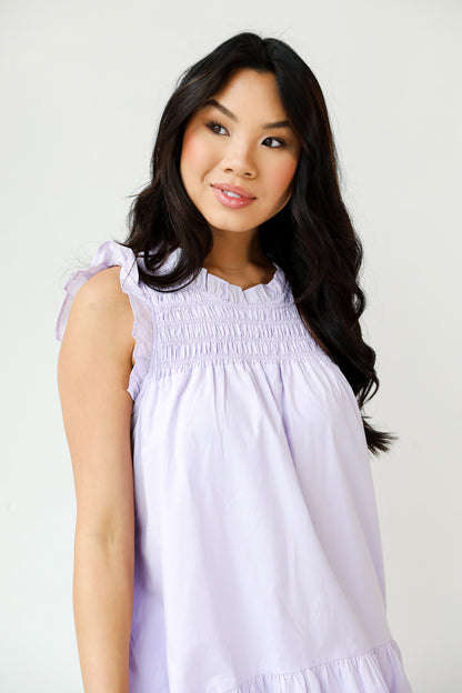purple ruffle Mini Dress close up