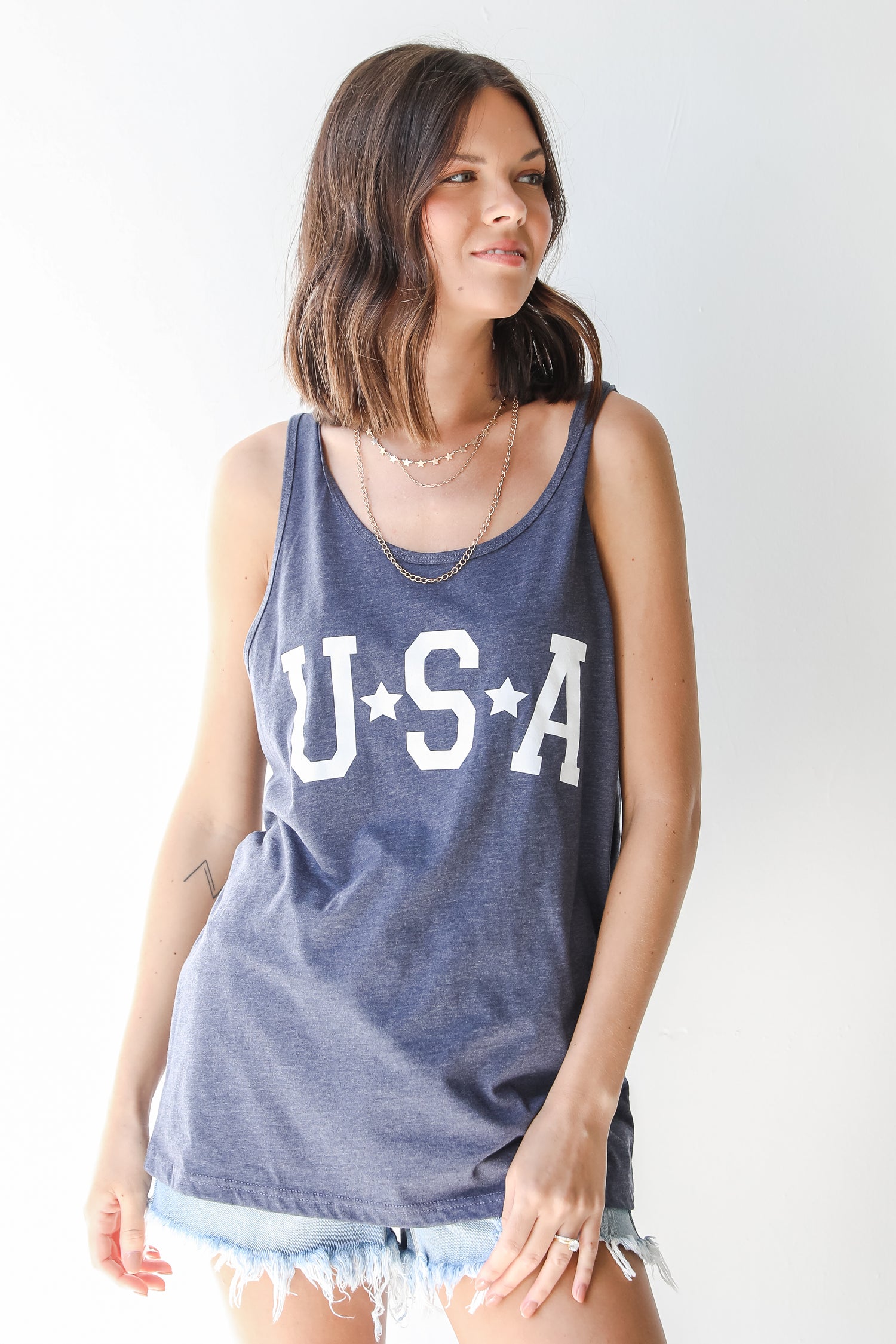 USA Star Graphic Tank in navy on model