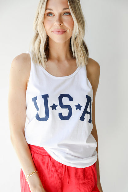 USA Star Graphic Tank in white on model