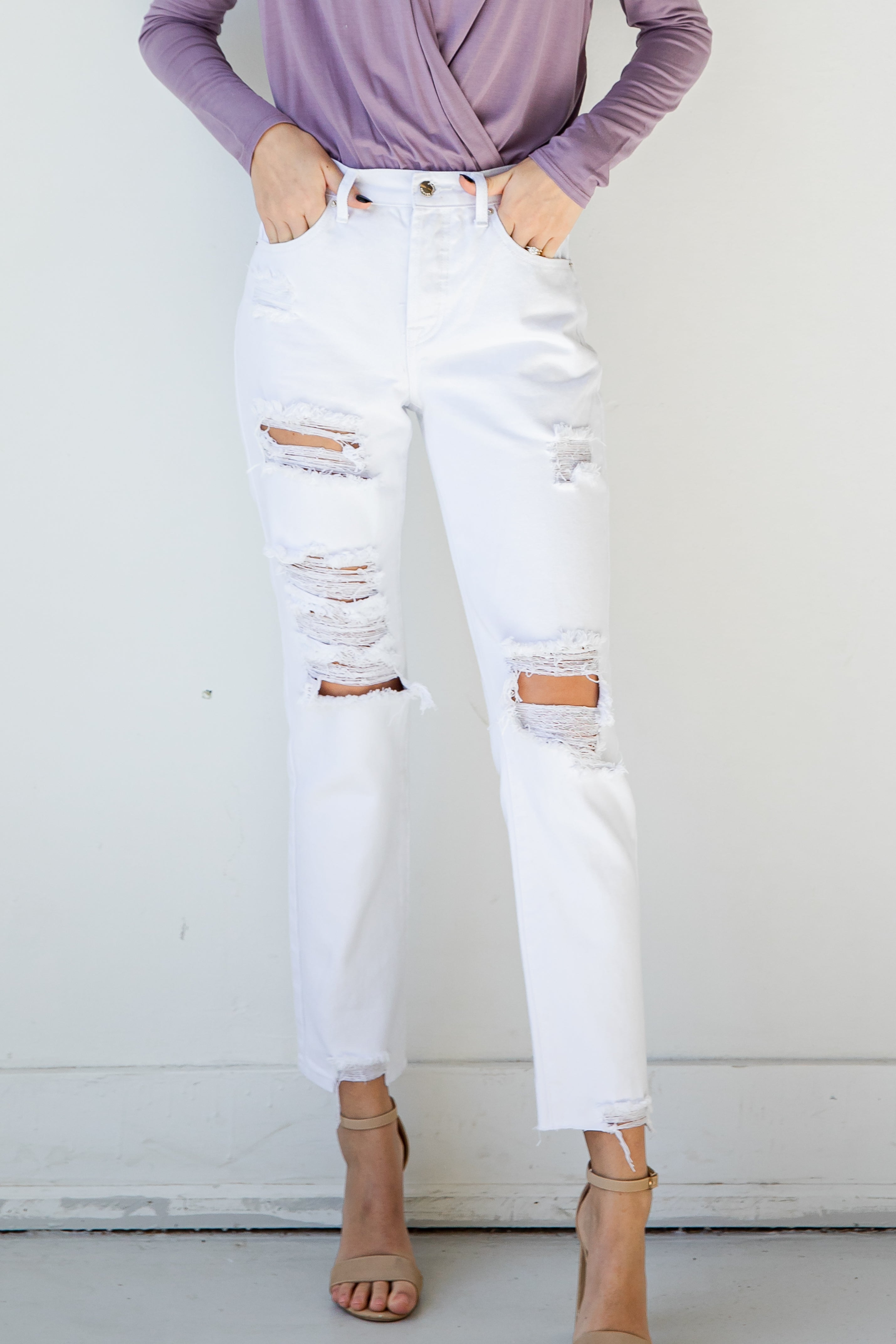 White Distressed Straight Leg Jeans