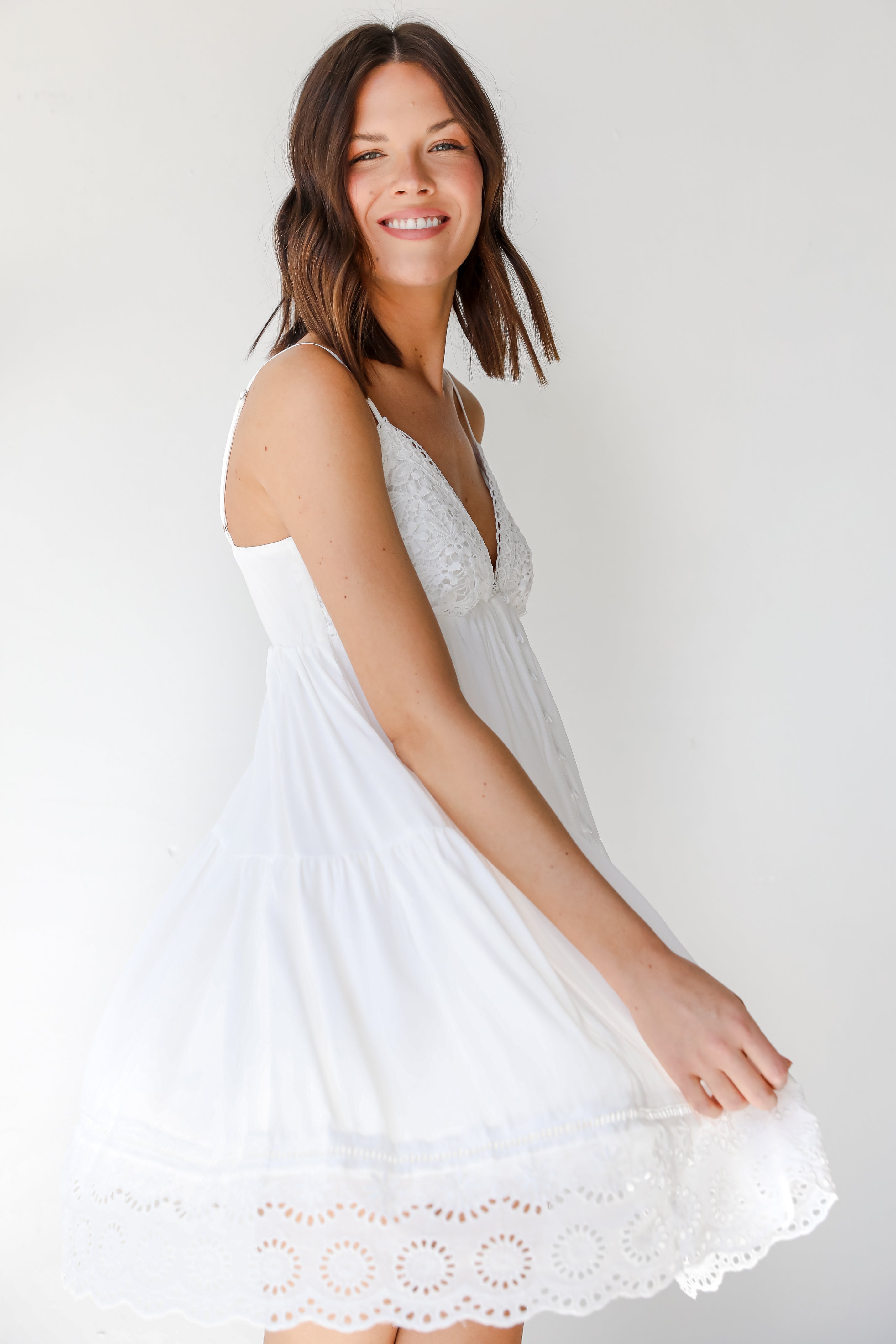 Crochet Eyelet Mini Dress on model