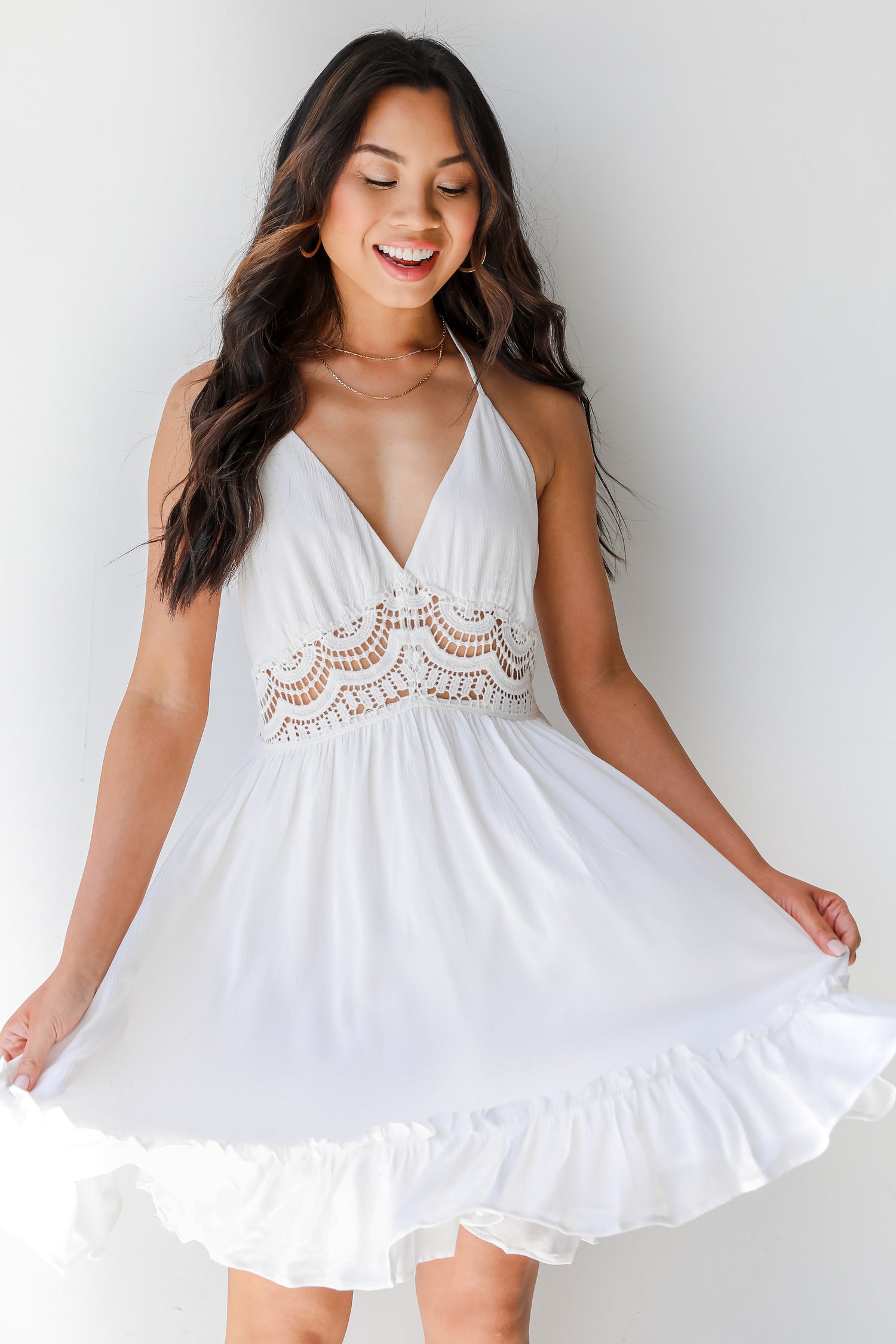 Crochet Halter Mini Dress front view