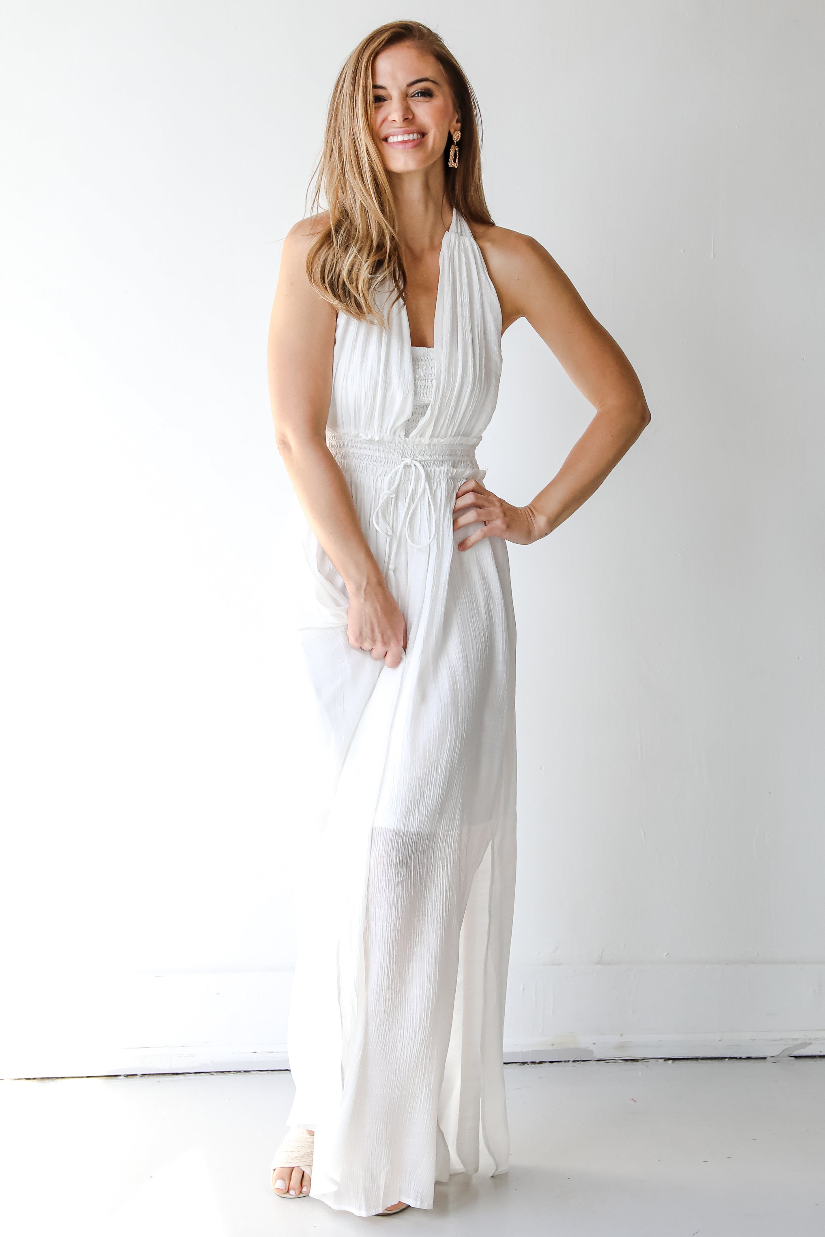 Halter Maxi Dress in ivory on model