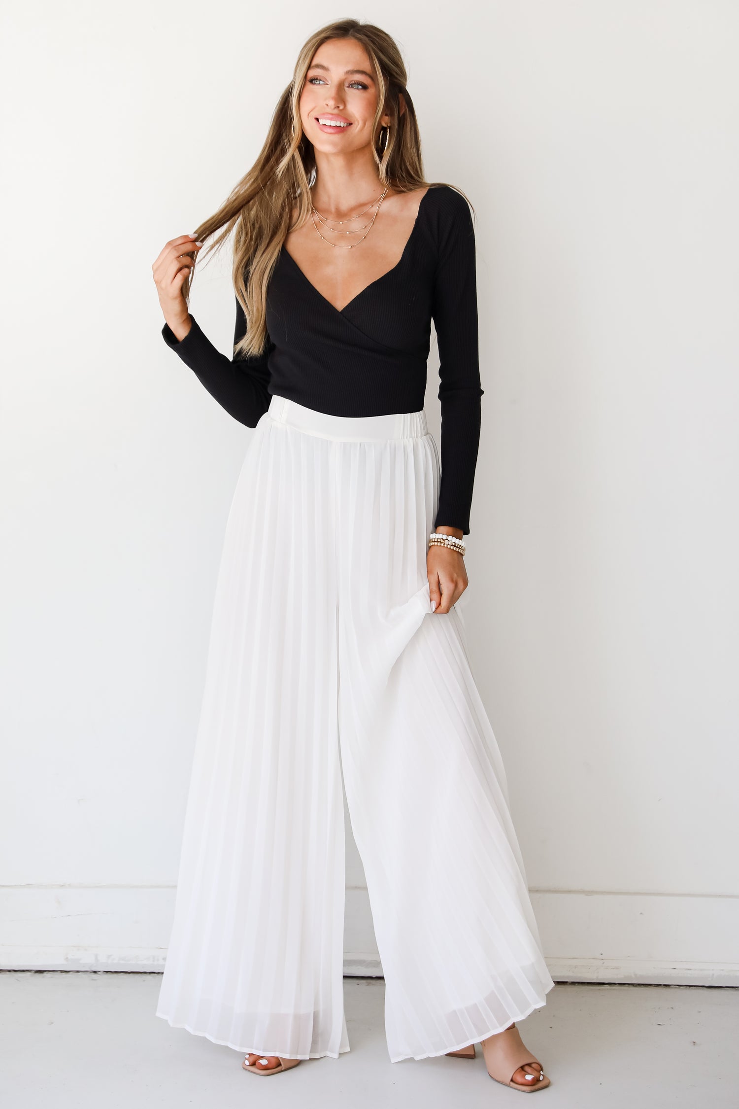 white Pleated Wide Leg Pants on model