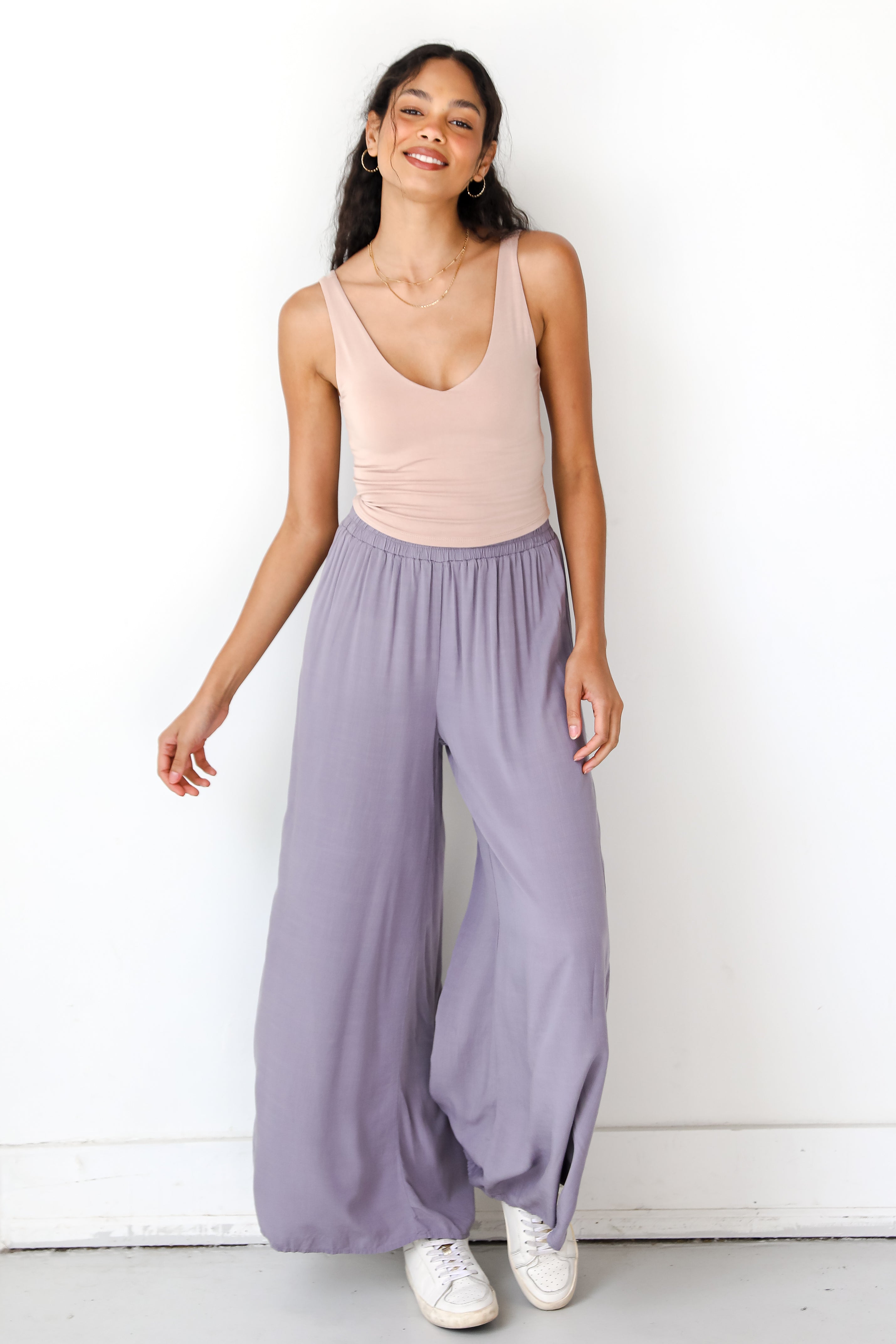purple Wide Leg Pants on model