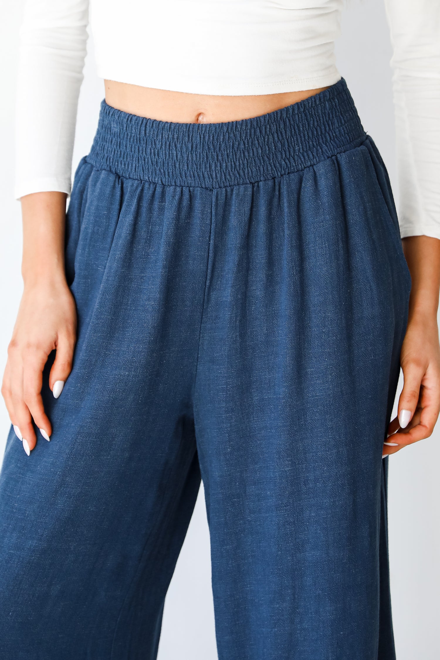 navy Linen Pants close up